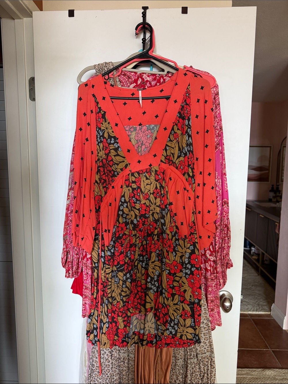 FREE PEOPLE Red Floral Boho Tie-Front Dress